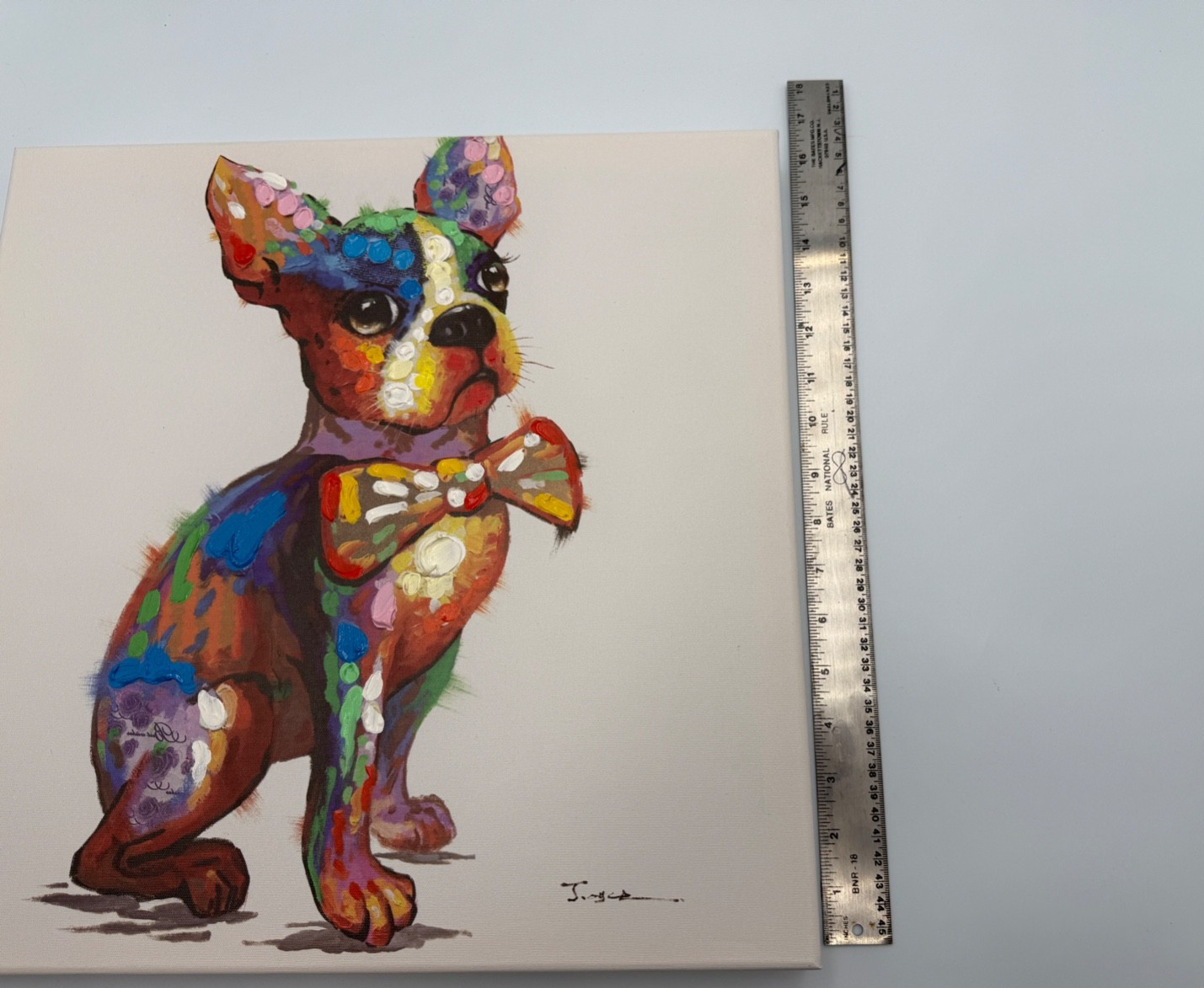 Frenchie Bulldog Colorful Oil? on Print Canvas Painting 16 1/4”x 16 1/4” Signed