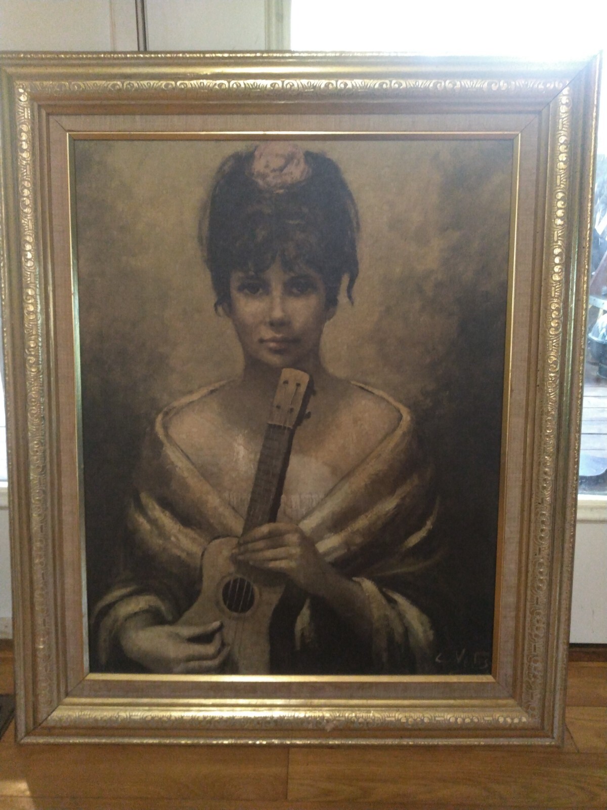 Big large beautiful vintage MCM shabby chic 1950’s 1960’s framed painting woman