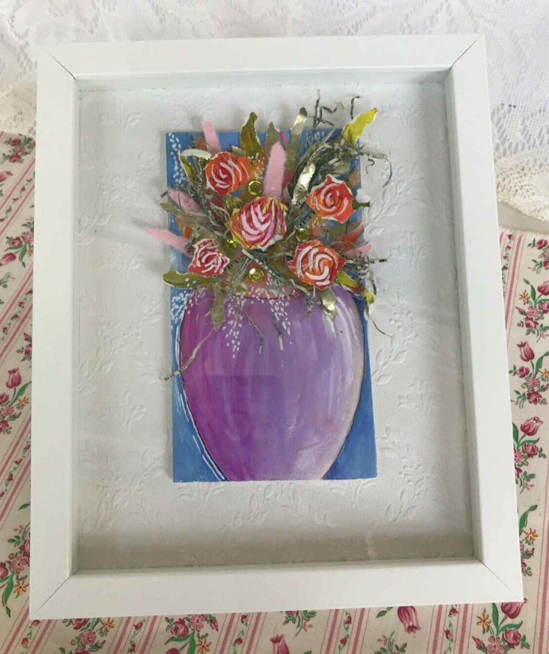 Original Mixed Media Collage Art Floral Flower Bouquet Framed Ready to Enjoy