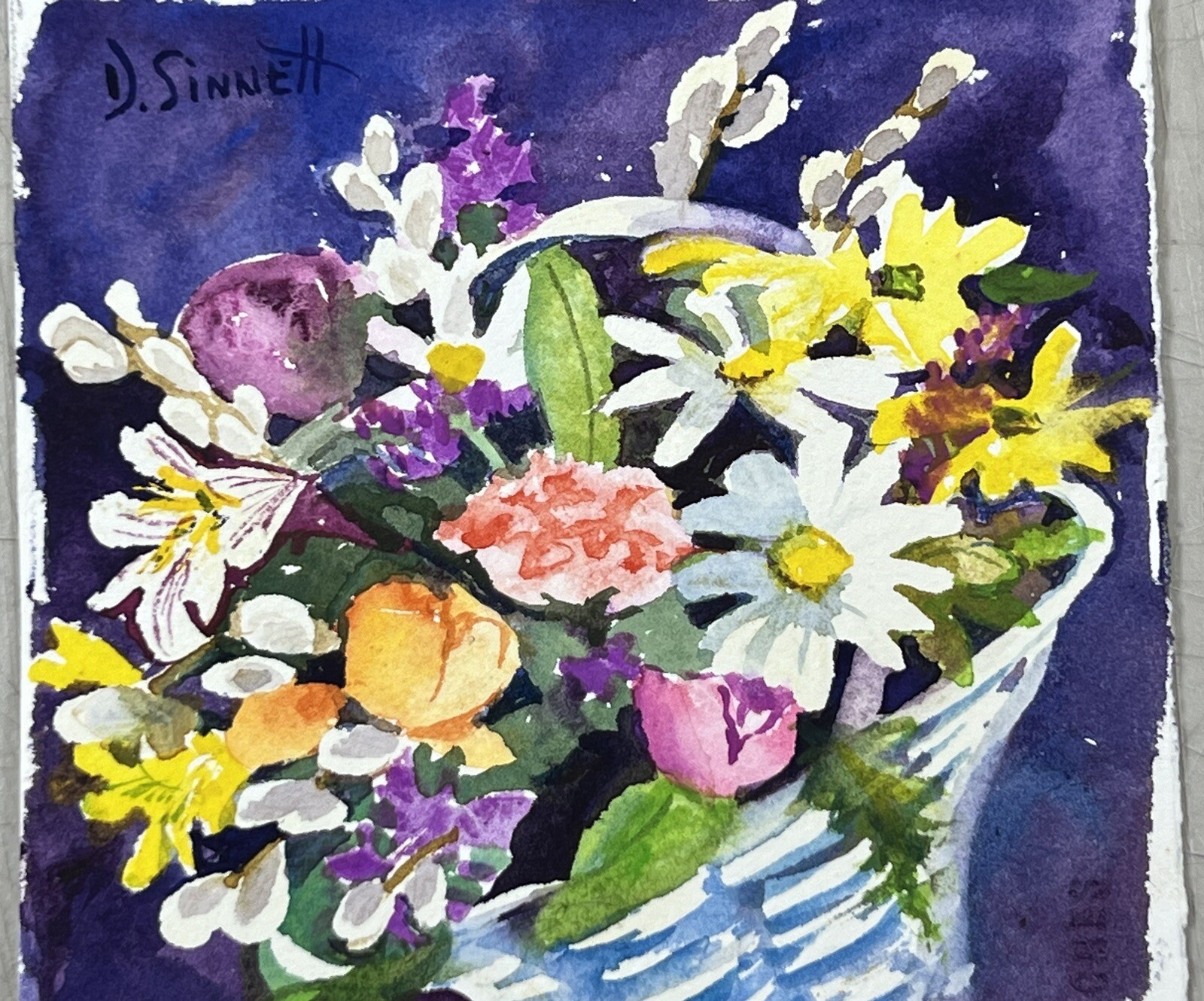 Dee Sinnett Original Watercolor Painting Basket Of Blooms 6×6” Signed Art Flower