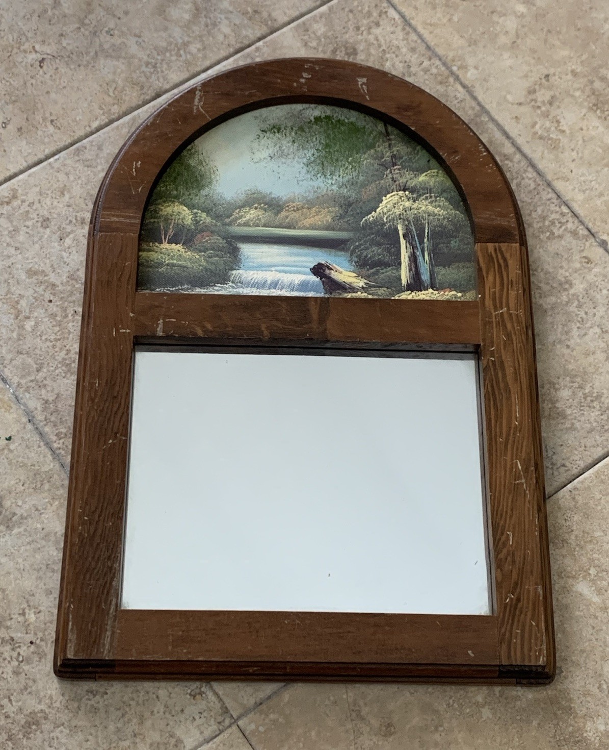 Vintage Walmart 70s Nature Oil Painting Above Mirror On Oak Frame,Taiwan, 13×9”