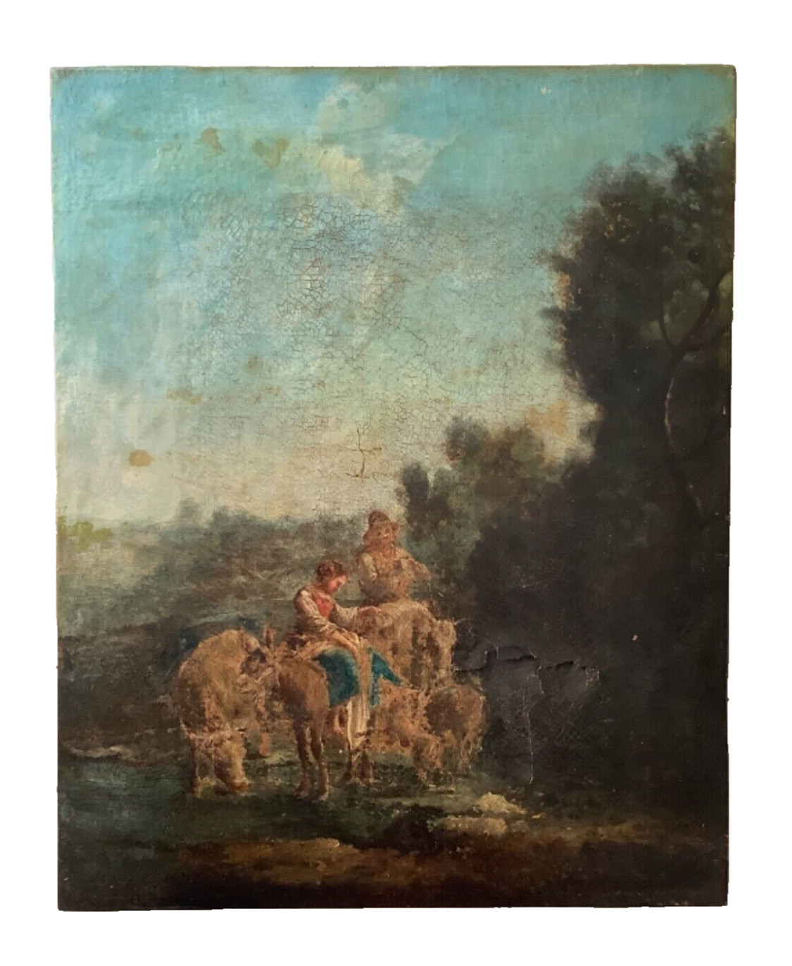 17TH CENTURY ANTIQUE DUTCH OIL – KAREL DUJARDIN – FIGURES ANIMALS LANDSCAPE