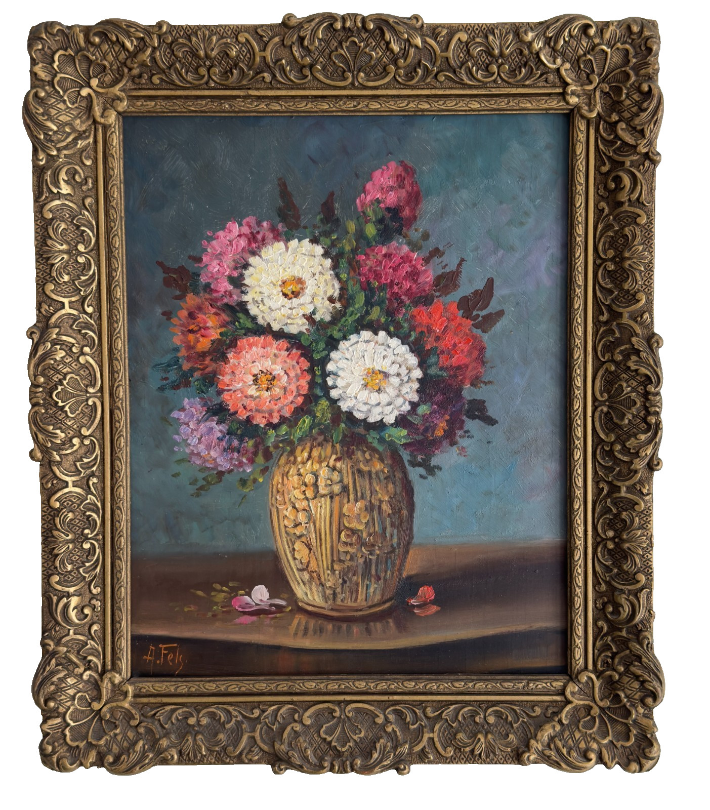 Original Oil Still Life on Board Art 15″ x 12″ Bouquet Flowers Vase A. Fels