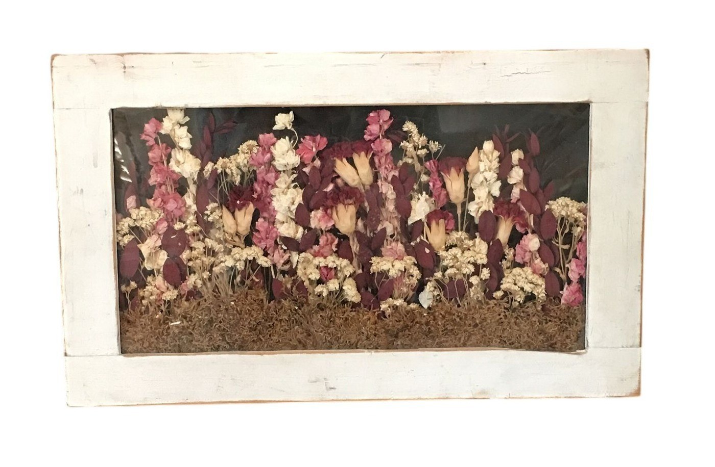 Shabby Chic 16” x 9.5” x 0.75” Wood Pressed Flowers Wall Art Rustic White Vintag