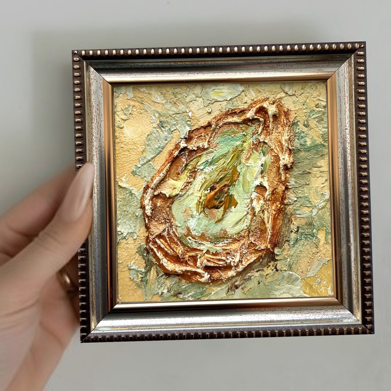 Oyster4 Original Painting Mixed Media Impasto Texture Framed Wall Art 4x4in
