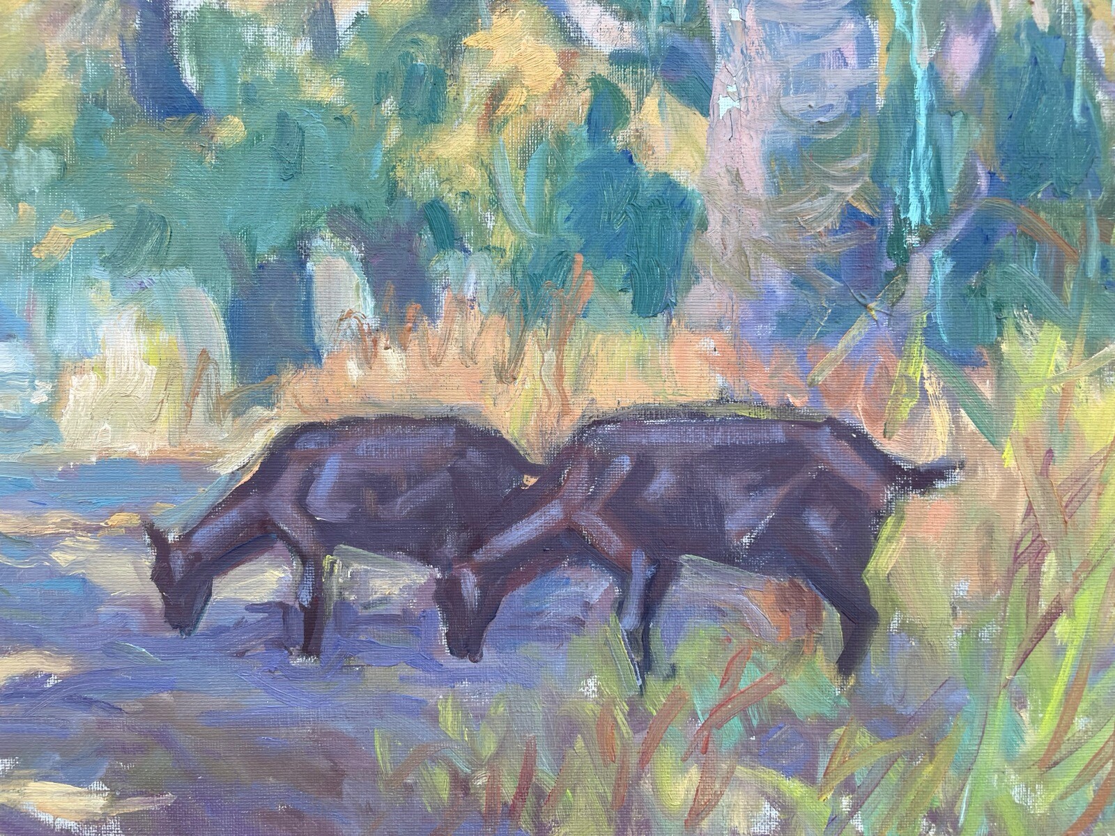 Impressionist Sunny Park Landscape with People and Deer Oil Painting 66x56cm