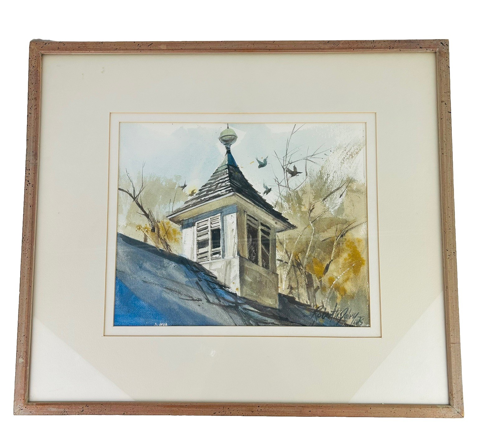 Robert W. Daley signed original framed watercolor steeple birds trees