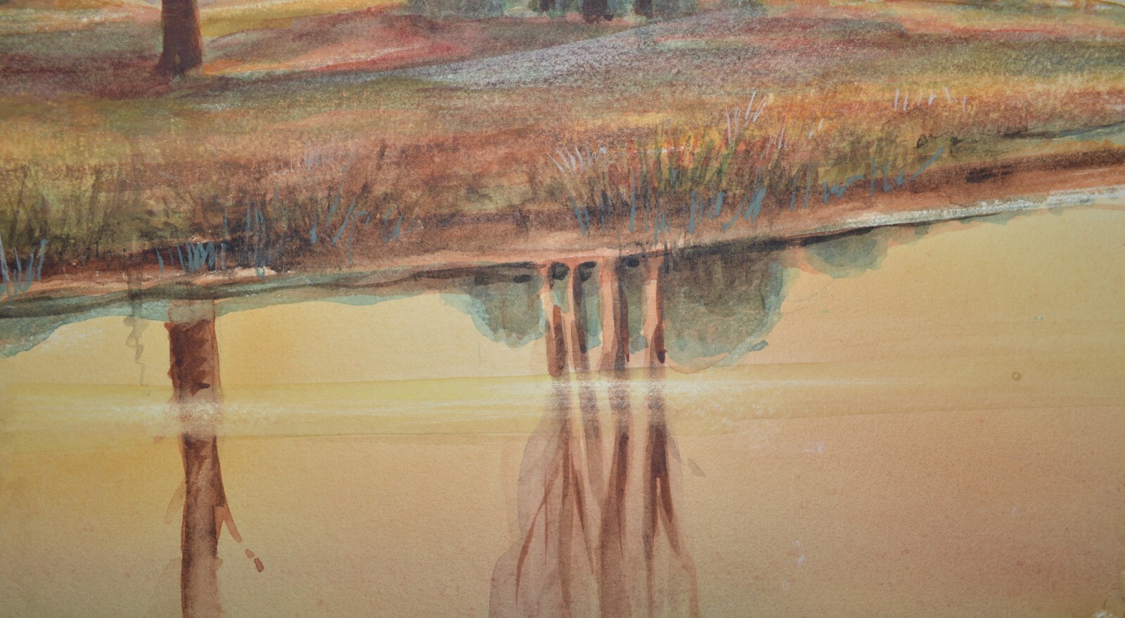 DAVID MACKOFF ANTIQUE WATERCOLOR ON CARDBOARD SIGNED DATED 1939 RIVER LANDSCAPE