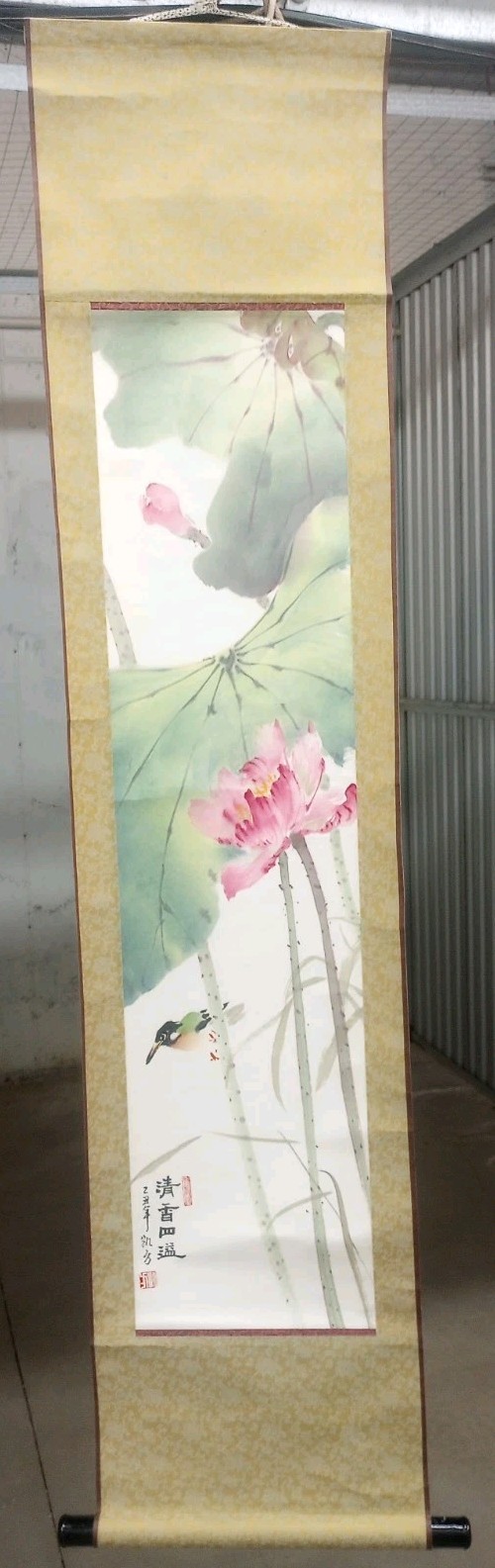 Vintage Asian Hand Painted Hanging Scroll Watercolor Bird Floral Flowers Silk