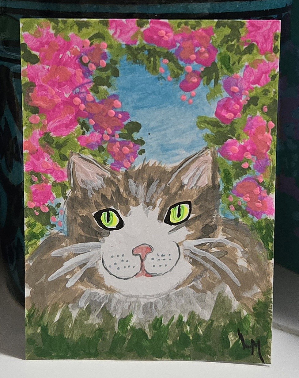 ACEO Original Art Painting Cat In Pink Spring Blossoms Garden Flowers OOAK ATC