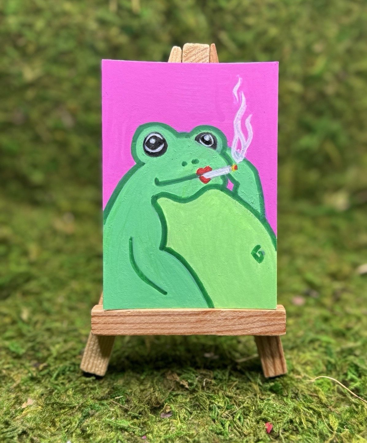 Smoking Frog ACEO Art Card Original Acrylic Frog 2.5in x 3.5in TinyPaintingDesk