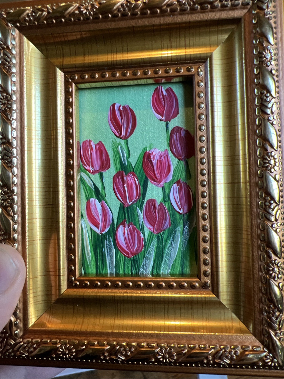 Red Tulips,flowers, original,miniature Painting,small,mini, Framed,wall Art #3