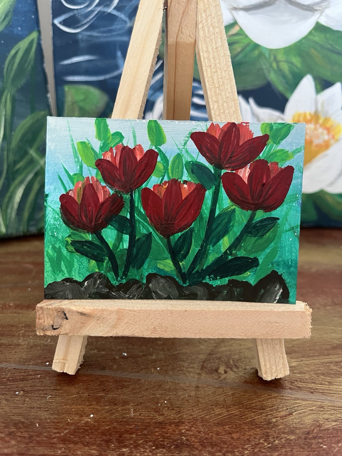 ACEO Art Card Red Tulip Flowers Original Gouache Painting