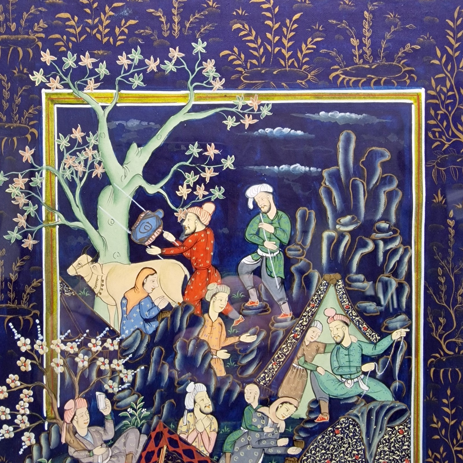 Mughal Indo Persian Layla and Majnun Painting on Silk Framed