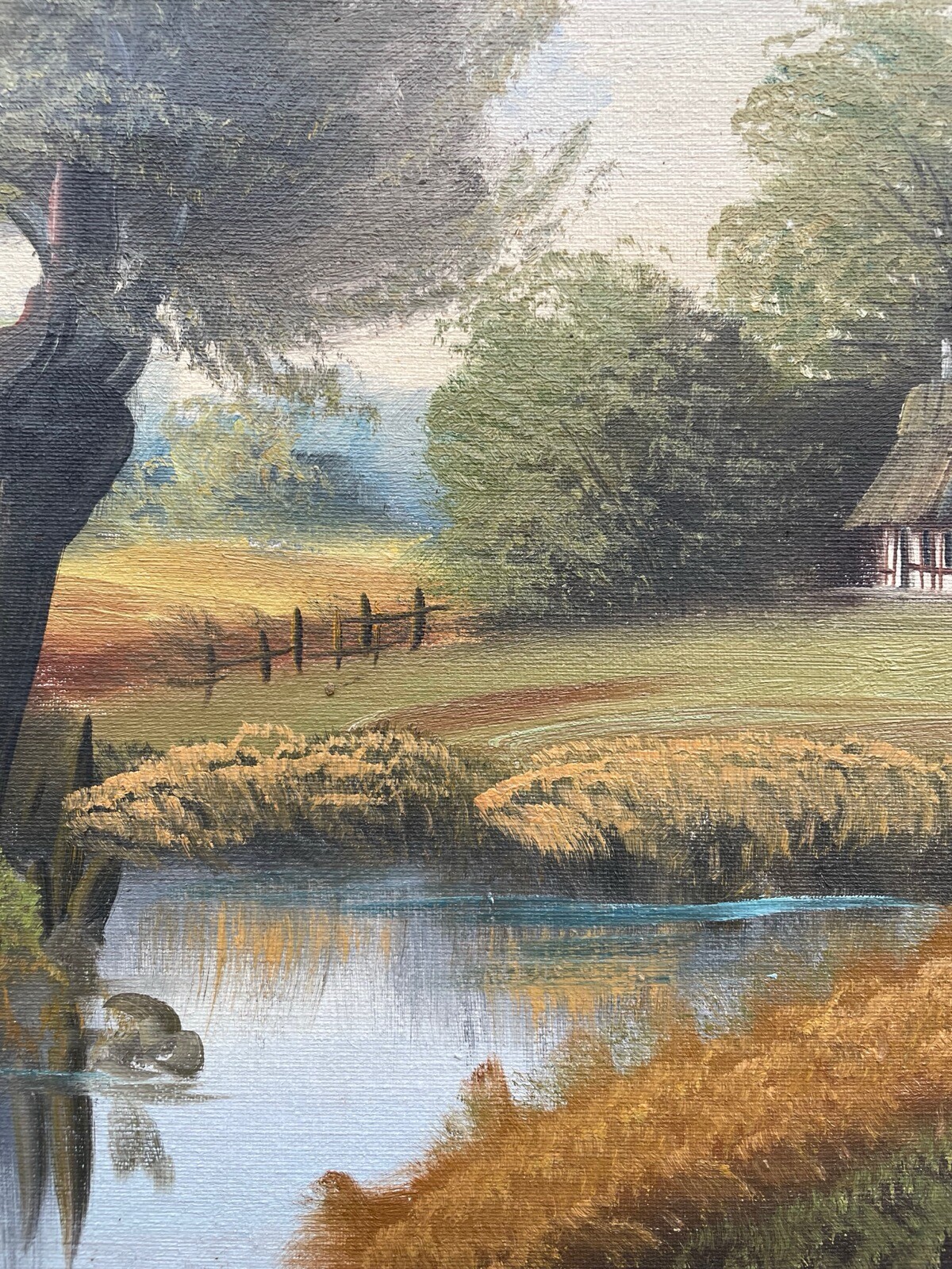 Impressionist Landscape With Thatched Cottage By The River Oil Painting