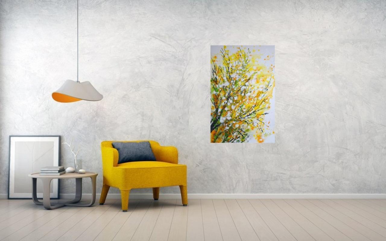 Forsythia Bloom Painting 24×36 Original Yellow White Floral Canvas Spring Wall