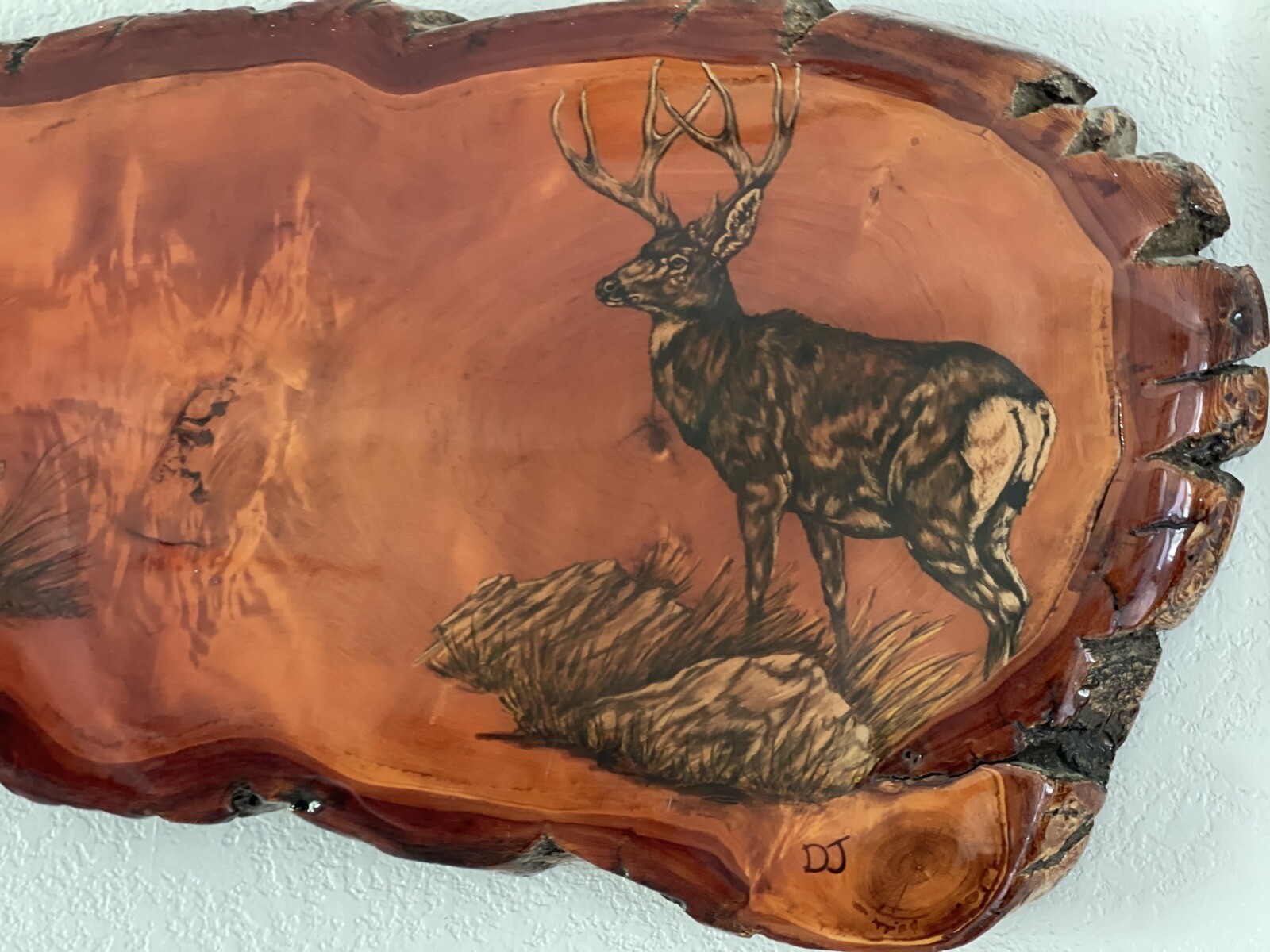 Vintage Deer Burn Etching PAINTING On Live Edge Tree Wood Slab Rare Wildlife