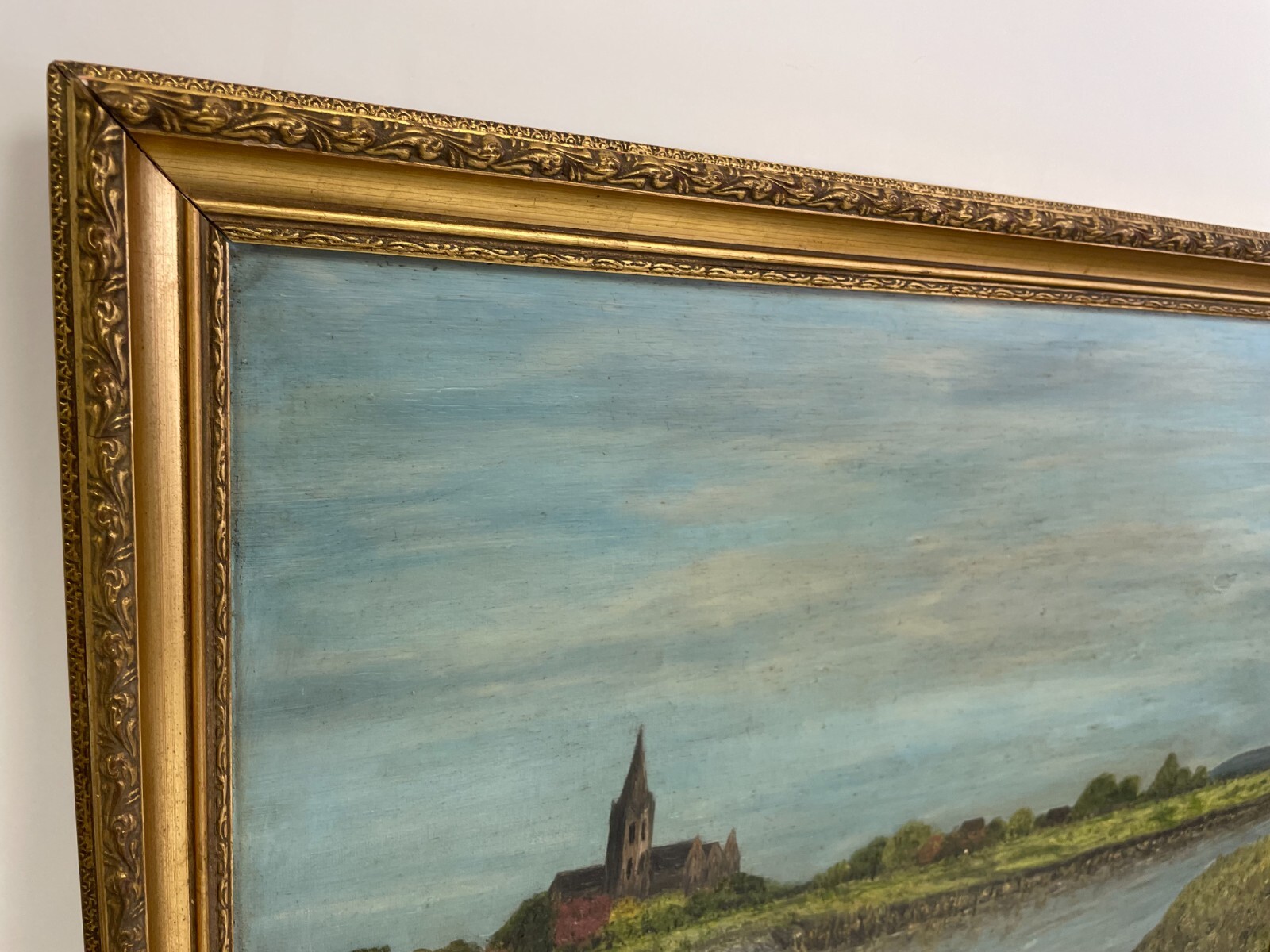ENA Artist Signed Oil Painting On Masonite Church Country River Framed 27×21″