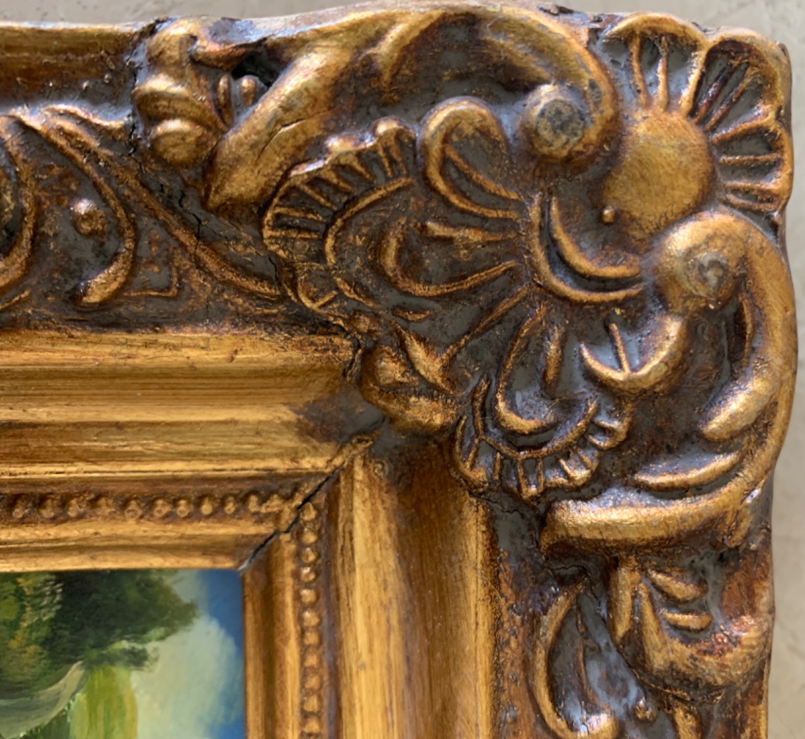 Vint Miniature Original Rooster & Hen Oil Painting Baroque Gold Frame