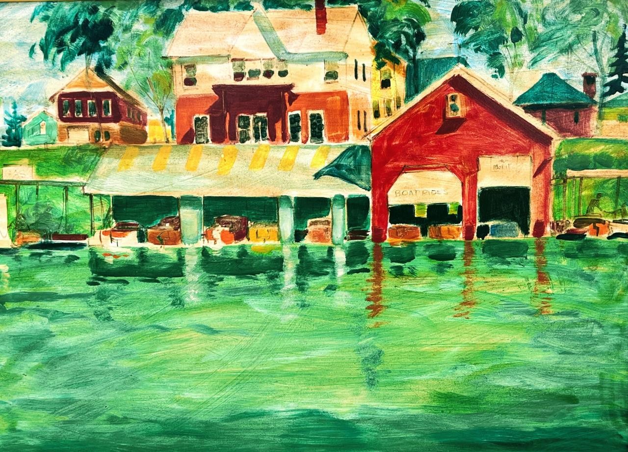 Old Vintage American Nautical Oil Painting Landscape Home House Boats Trees Art