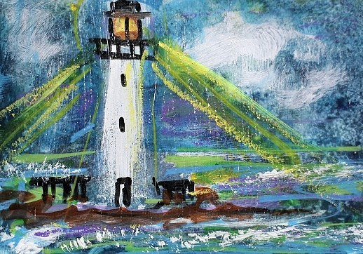ORIGINAL ACEO Painting LIGHTHOUSE Clouds Rain Ocean Waves Light Sea ATC ART