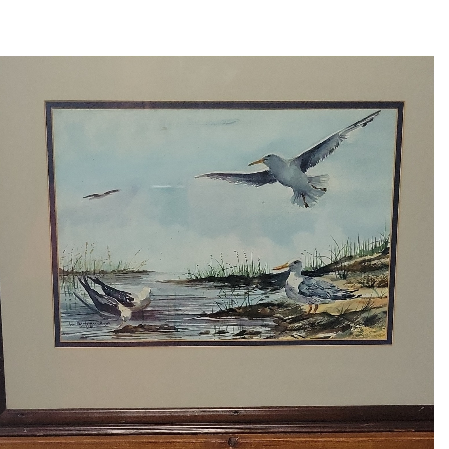 Original Anne Hightower-Patterson 1981 Watercolor Painting Seagulls Marsh Framed