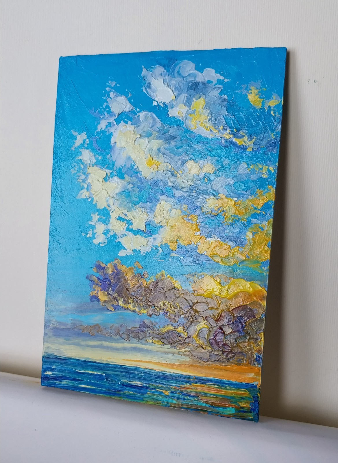 Framed Sunset Seascape Clouds Over Sea 4×6″ Original Oil Painting Impasto Art