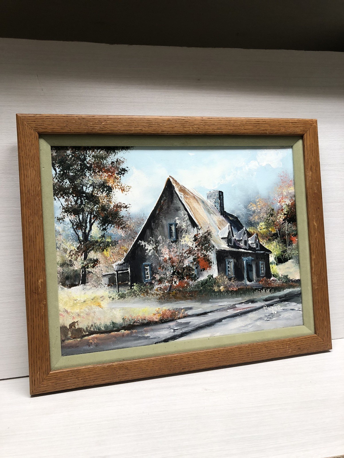 VTG Original signed Oil On Canvas Framed Art Rustic Cottage Scene 13.5 X 16.5”