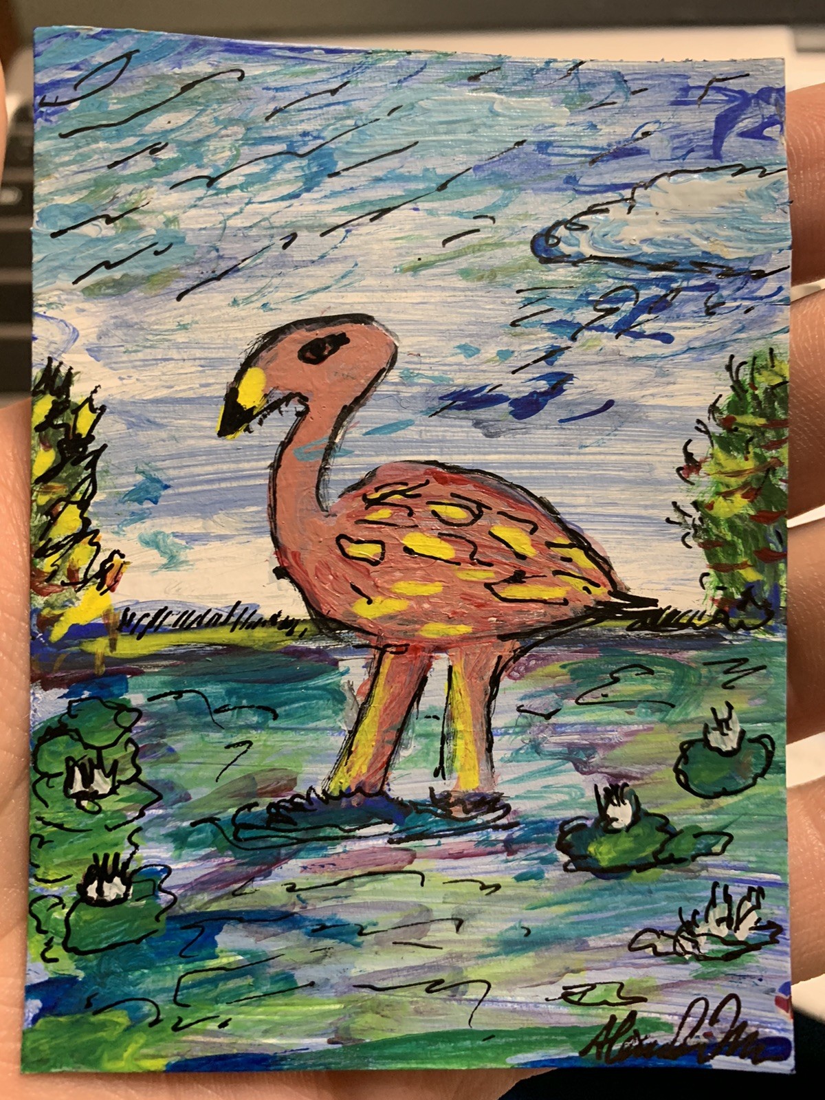 Original Artwork Flamingo Animal ACEO Handmade Signed By Artist