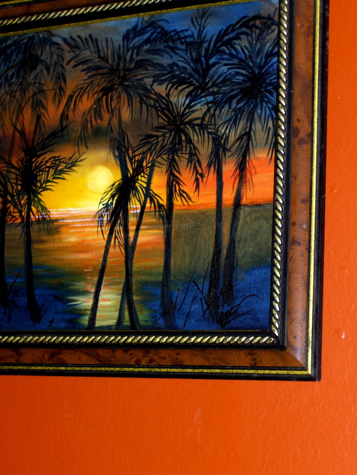 Lake Landscape Sunset Reflections Sea shore Palm Trees by Water Oil Painting