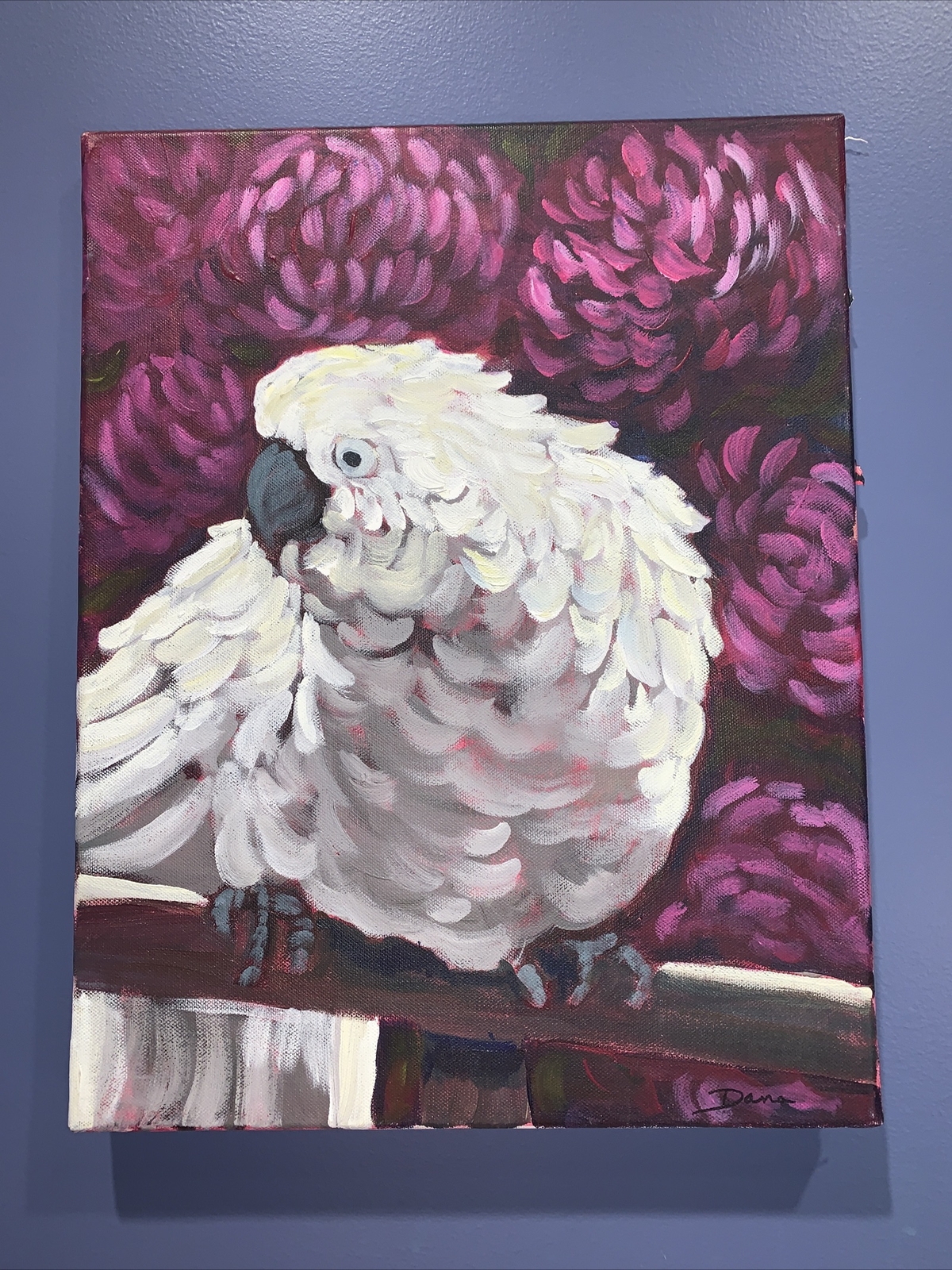 White Mccaw Parrot, Oil On Canvas, Tropic Decor Retro signed Dana
