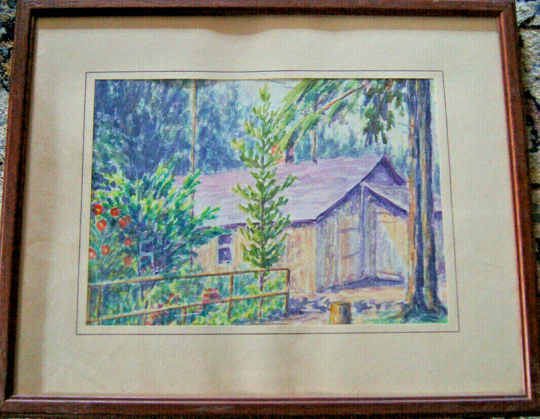 Watercolour Forest Lodge With Colorful Garden Fir Fence Blumenbäume Rustic Style