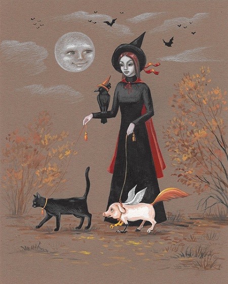 8×10 print of PAINTING HALLOWEEN RYTA WITCH BLACK CAT Salem Folk Art Pig Crow 🍁