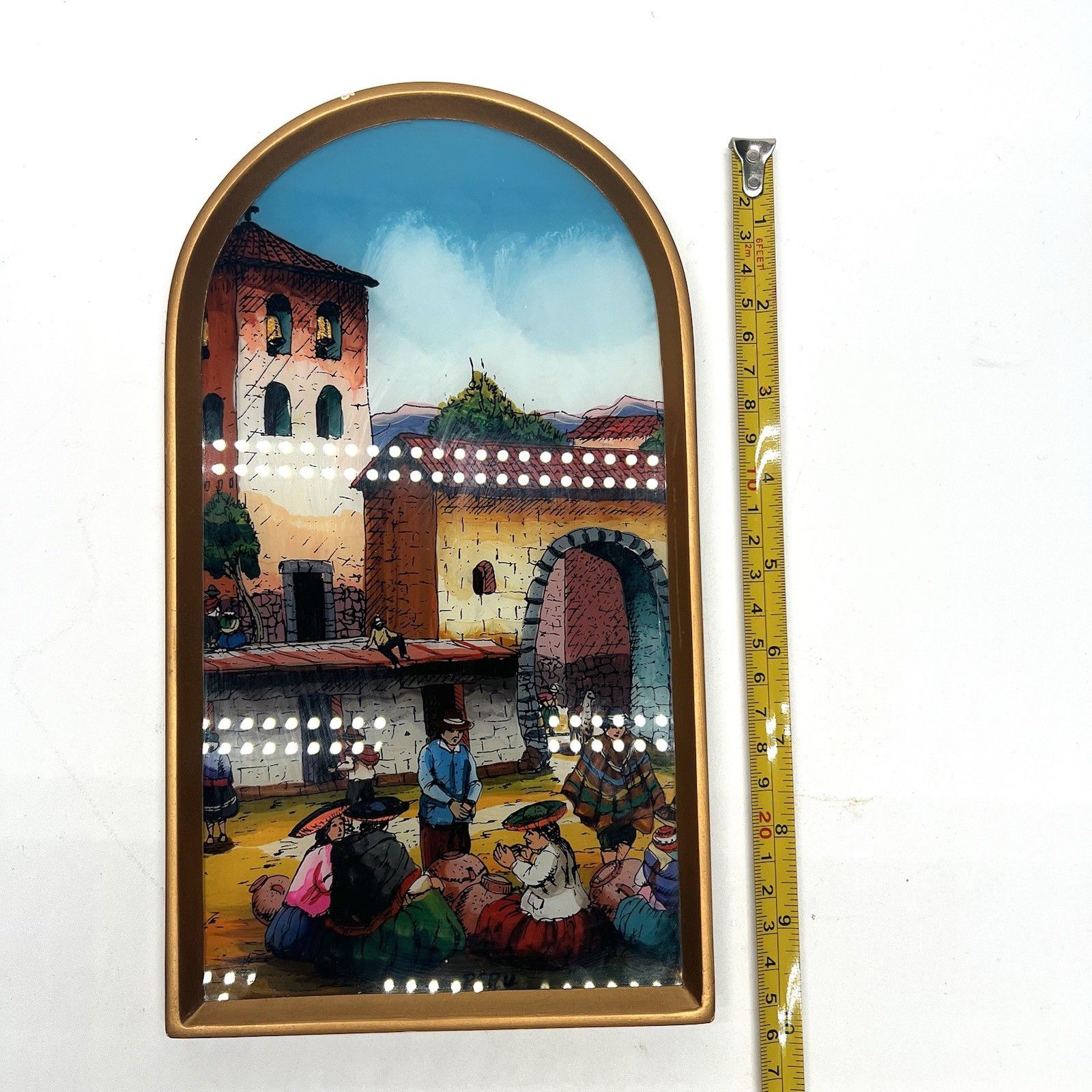 Vintage Folk Art Reverse Hand Painted Peruvian Village Scene Framed Wall Art