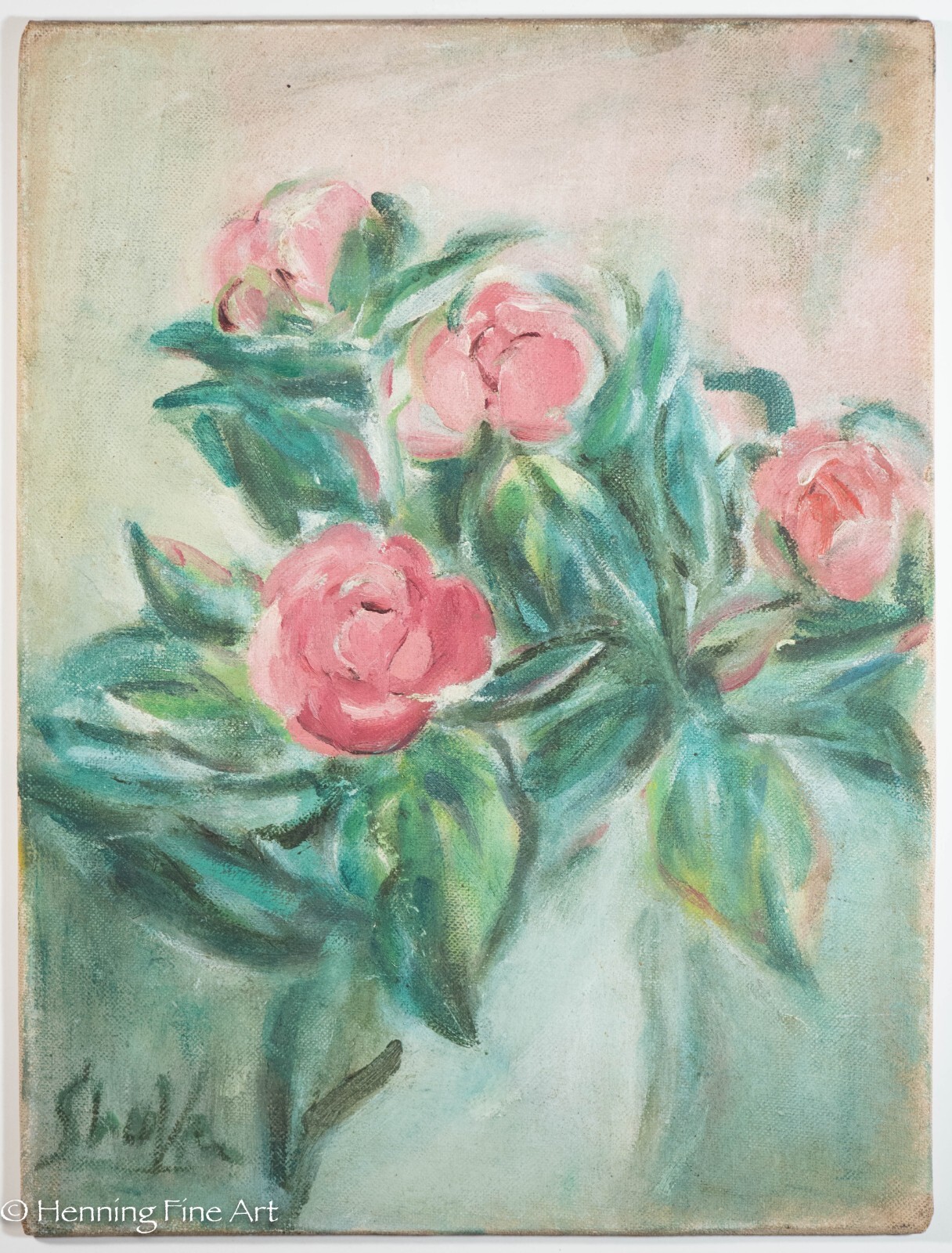 Beautiful Vintage Carl Shaffer Impressionist Painting Red Roses Floral WPA 38