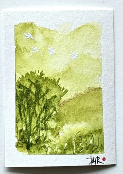 Original ACEO Landscape Trees Magical Greens Dulce Maria Rico»QUIET LIGHT» 1/2