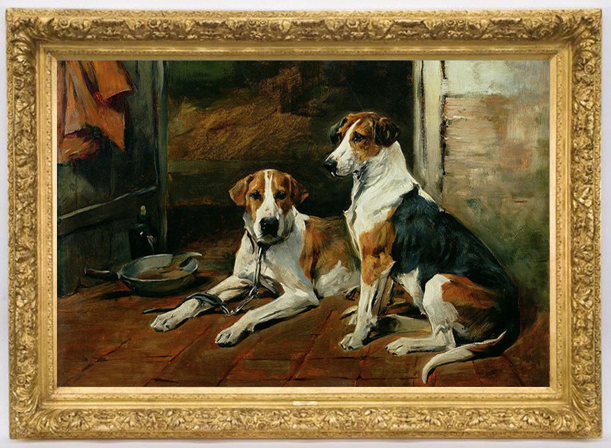 19th Century Style Foxhound Hunting Dogs Oil Painting | Two Loyal Hounds Canvas