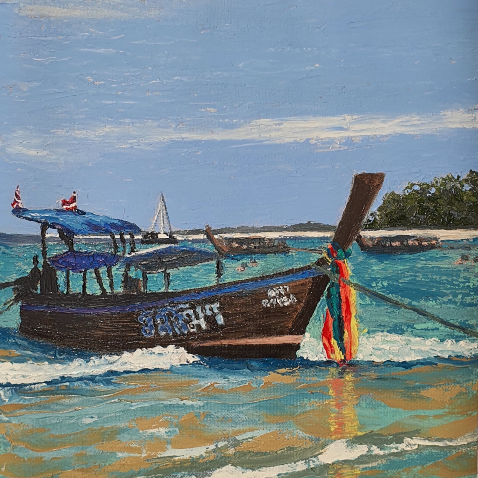 Thai Longtail Boat Painting Tropical Beach Seascape Original Oil Coastal Island