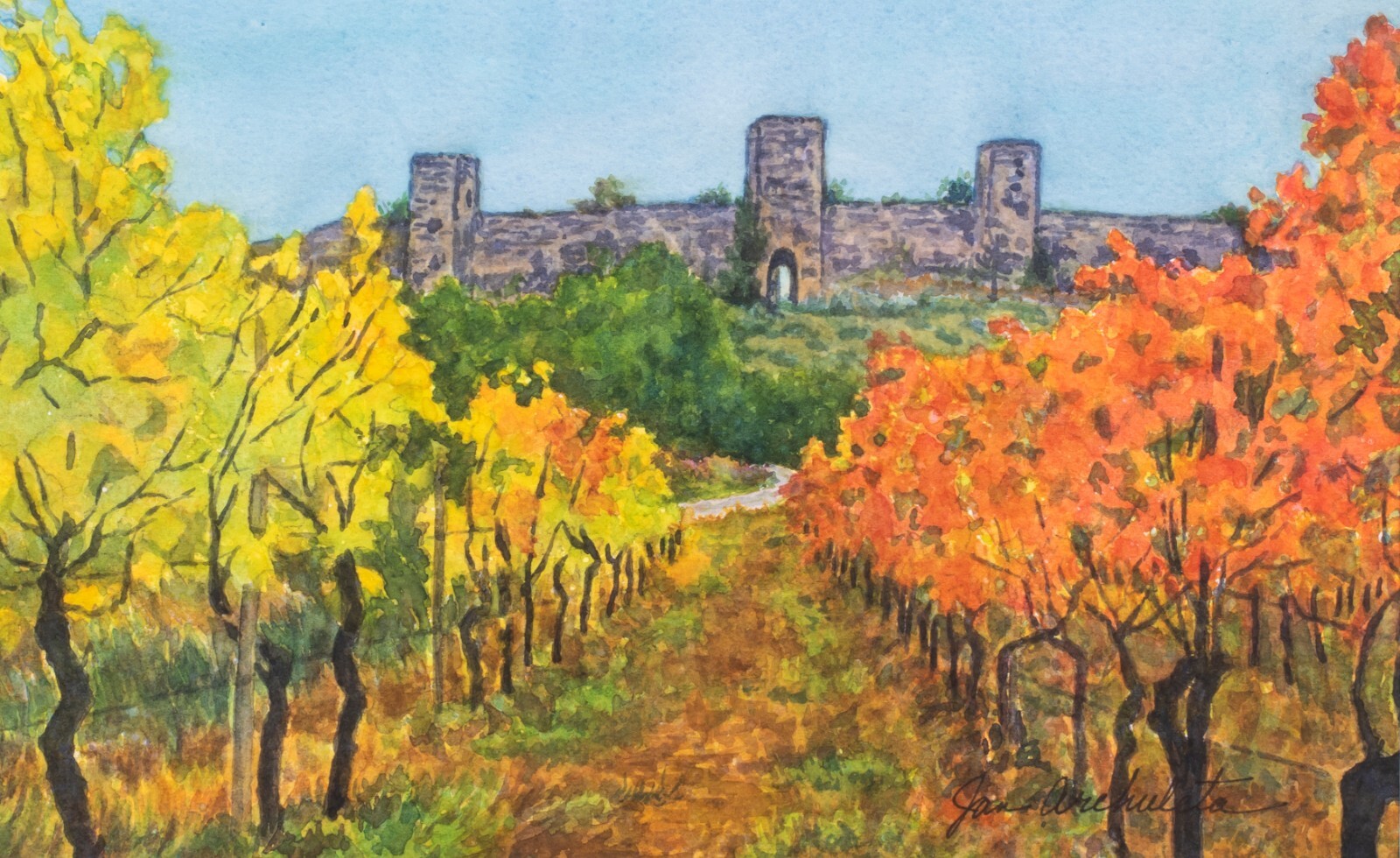 Vintage Tuscan Vineyard, Watercolor on Paper by Janet Archuleta, Framed, Signed