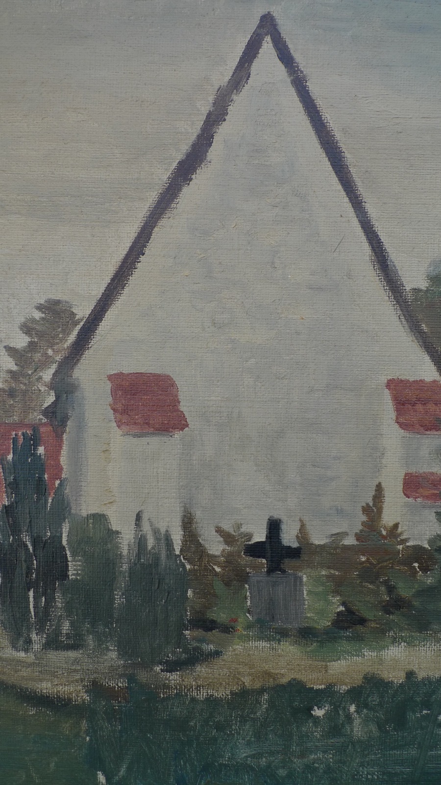 Unknown Expressionist Landscape with Church Cemetery Graves Oil Painting