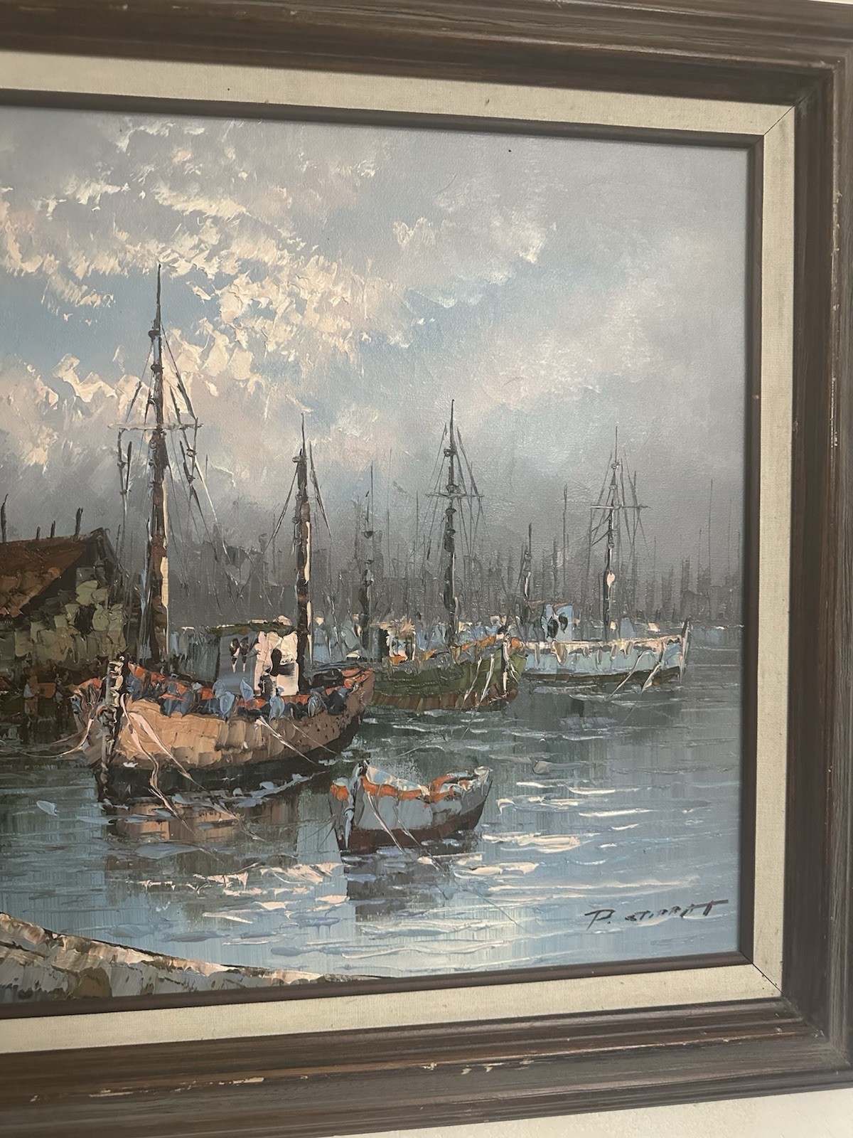 Vintage Paolo Stirrat Oil Painting of Fishing Boats Dock Harbor Nautical, Signed