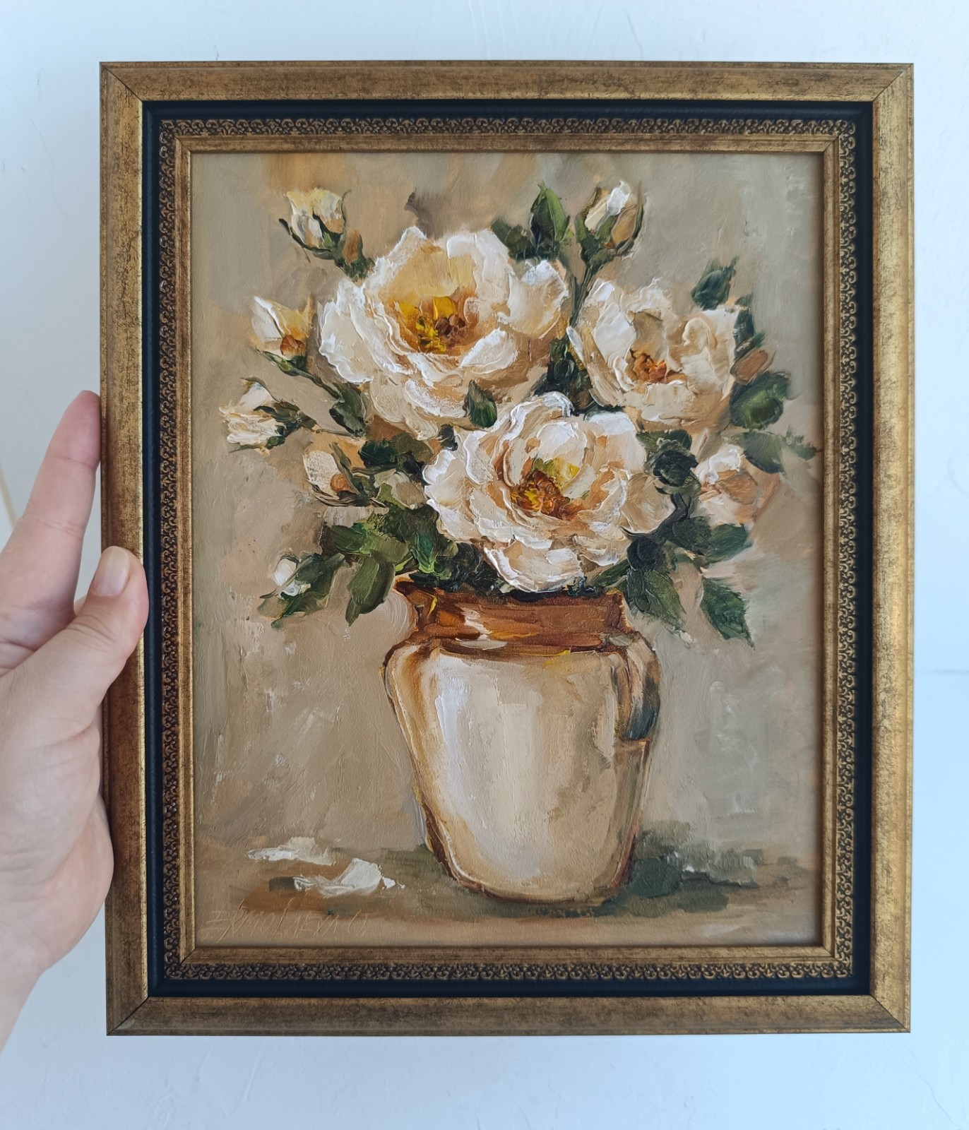 White Roses in a Vase Original Oil Painting Framed Floral Wall Art 8×10 in