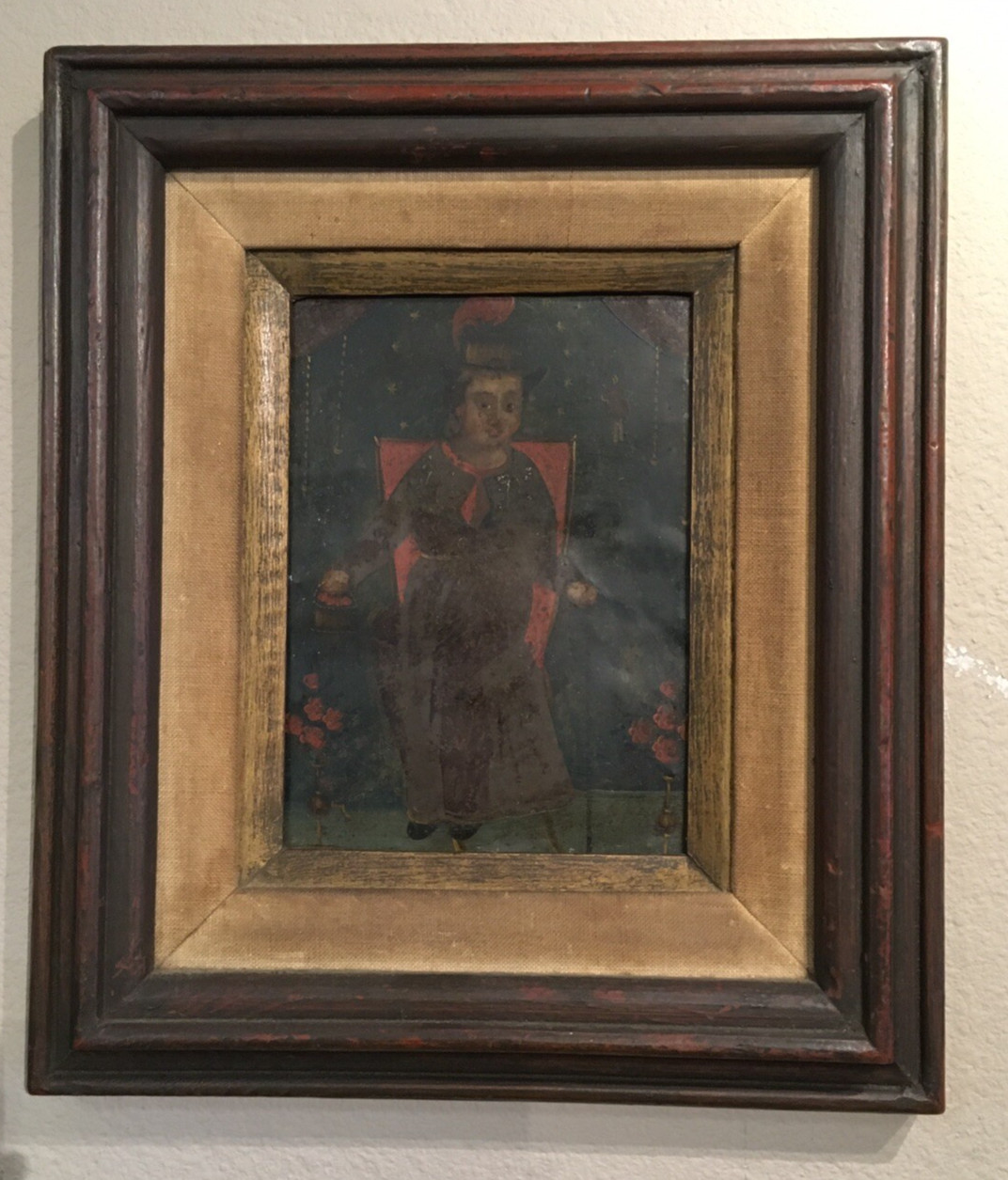 19th c. Retablo Oil Painting on tin, of Santo Nino de Atocha, Christ Child