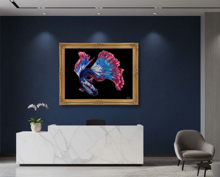 🔵 Freedom Betta / Original Painting, Fish, Art Decor, Hybrid Fluid Realism