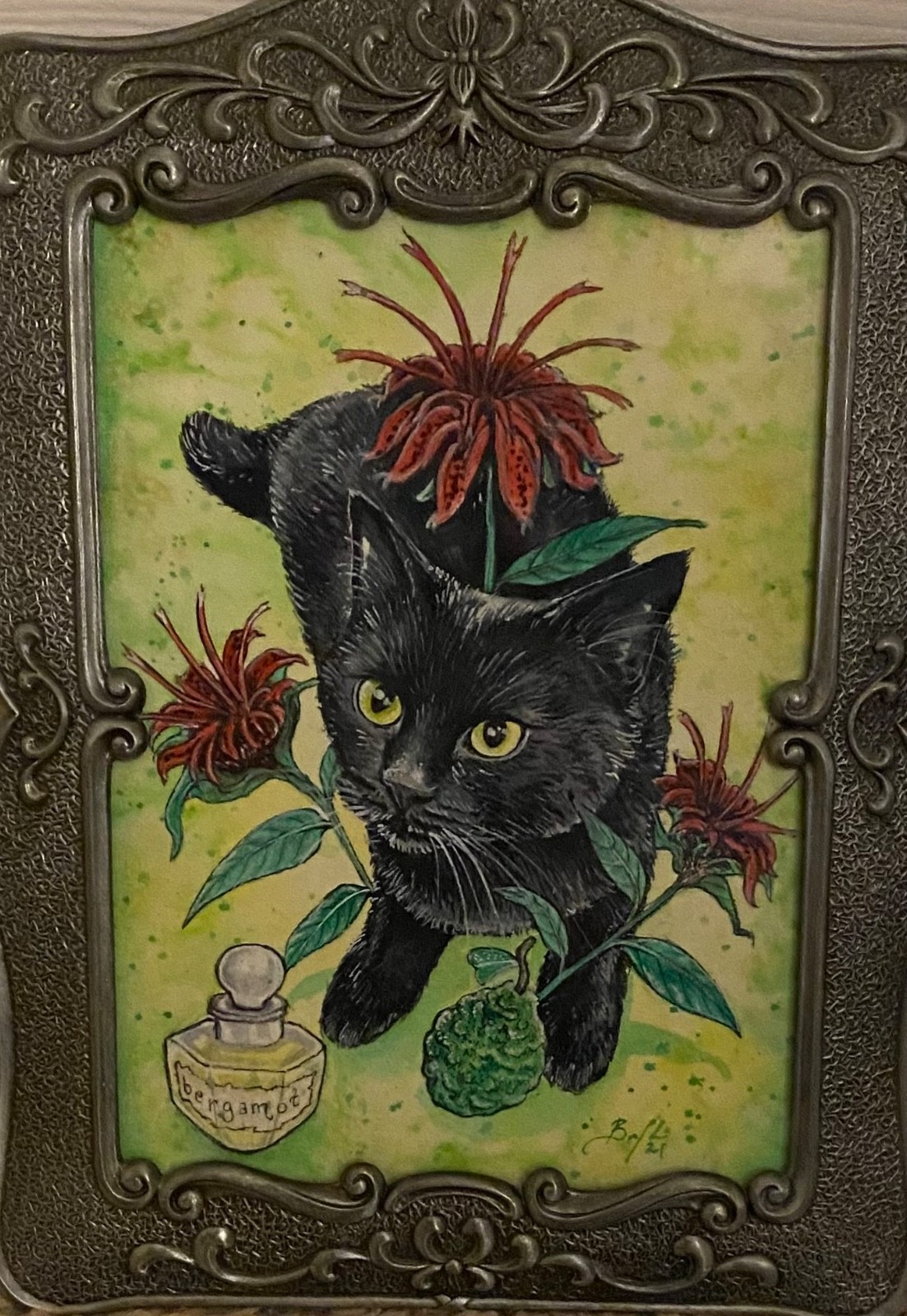 Black Cat Original Art – Flower Cat – Black Cat Poison Pusses – Clockwork Art