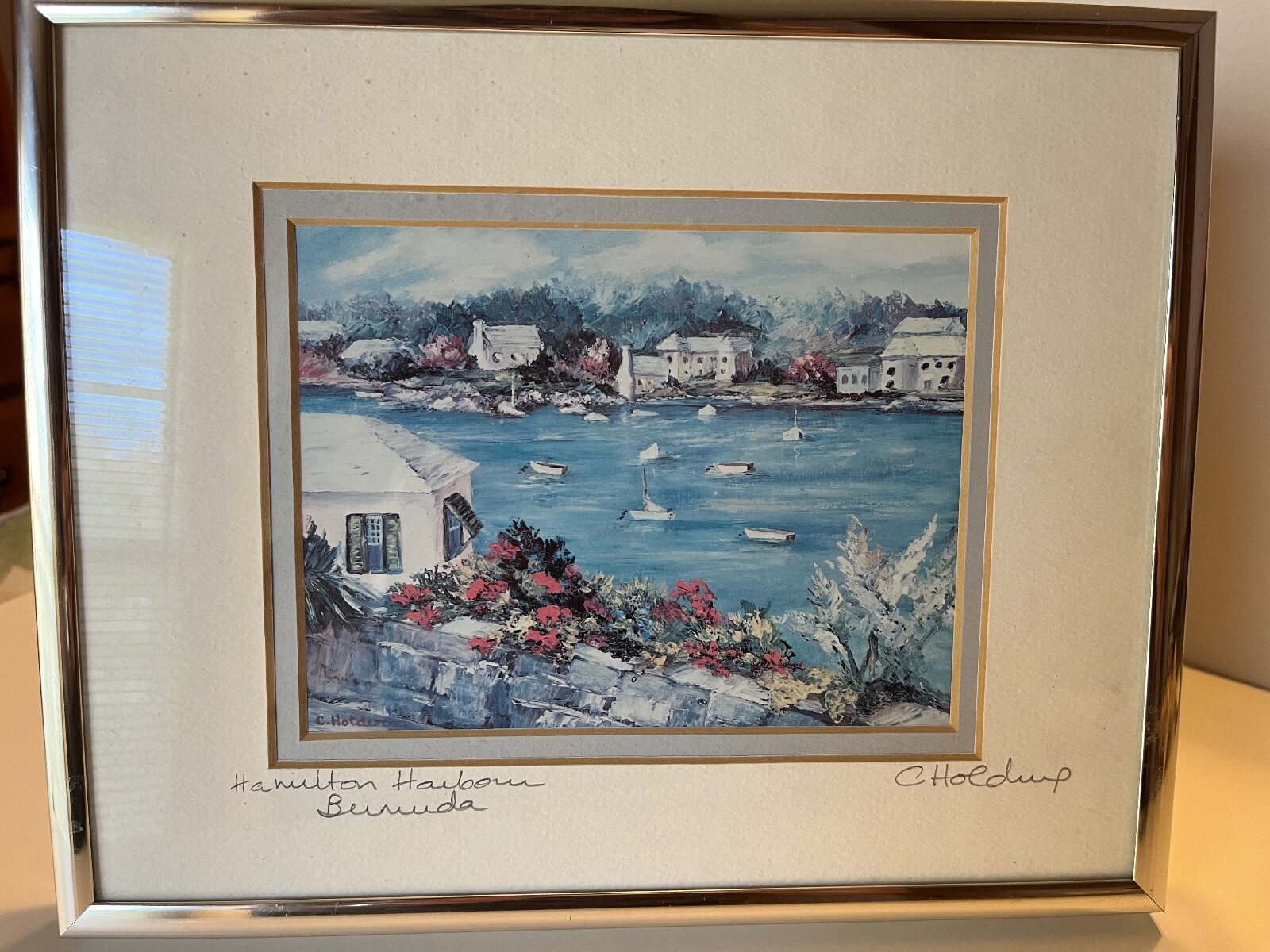 HAMILTON HARBOUR BERMUDA SIGNED (C.) Carole Holding FRAMED PRINT 10.3″x8.3″