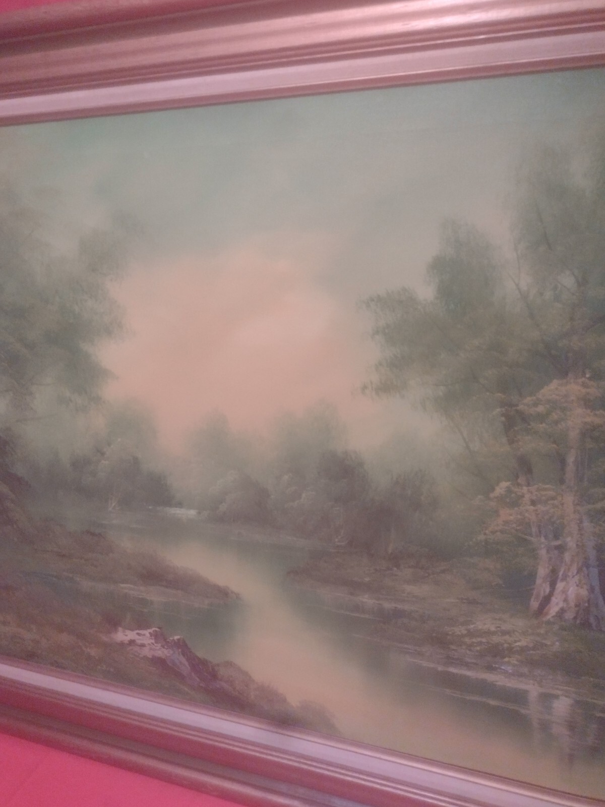 Large Wooded Lake Landscape Painting Signed Hanrey’