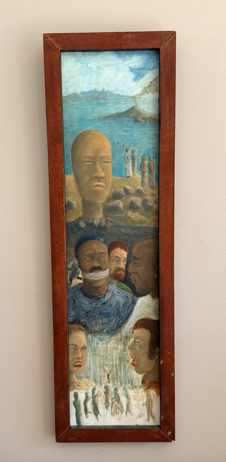 Vintage Oil on Masonite Surrealist Composition Painting Wild West Scene Vertical