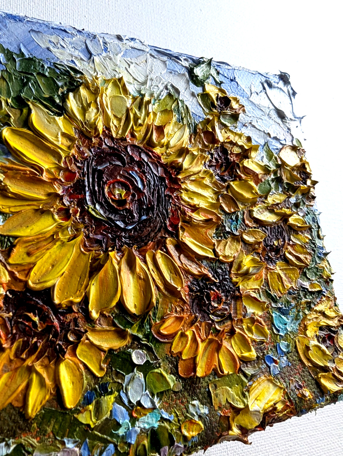 ORIGINAL OIL impasto Painting «Sunflowers» 4″X4″ X 1.5″ by Olga Diduh.