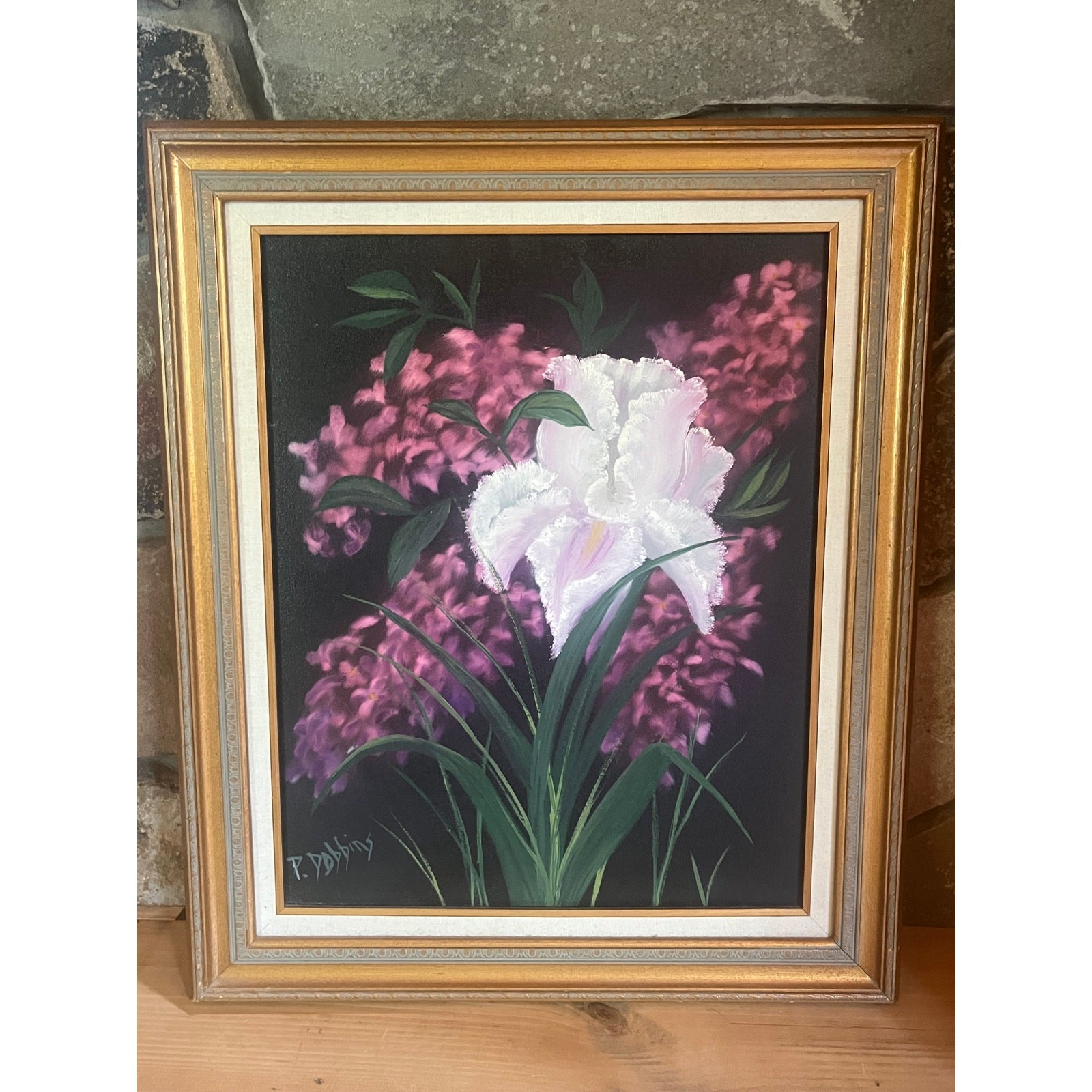 Hand Painted Purple/White Iris Flower Art.Canvas Framed&Signed 25″x21″ P.Dobbins